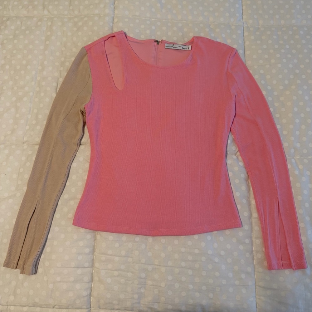 Pink & Tan Long Sleeve Ribbed Knit Top